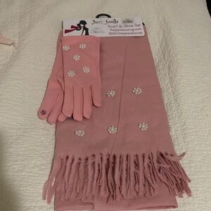 Just Jamie Pink Scarf & Glove Set with Pearl Accents